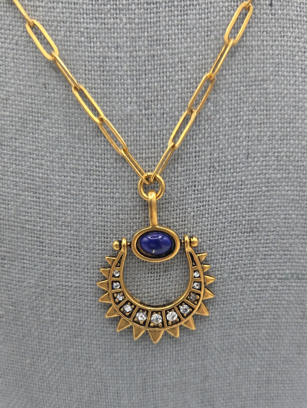 5 for $25! Sequin Gold Tone Sunburst Pendant Necklace with Blue Cabochon